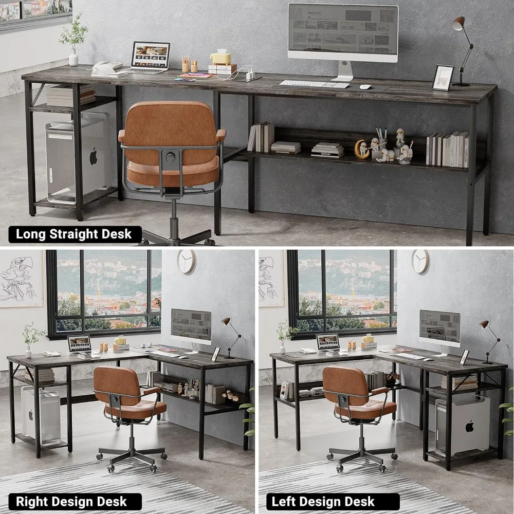 Unikito Reversible L Shaped Desk with Magic Power Outlets and USB Charging Ports, Sturdy Corner Computer Desk with Storage