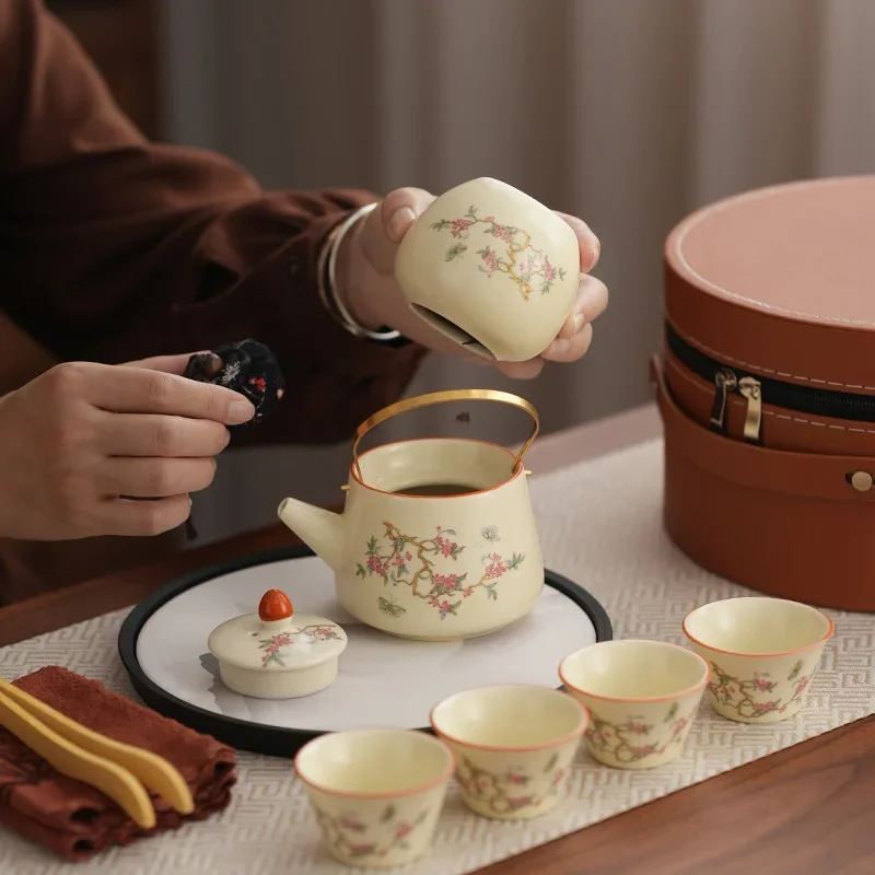 Chinese Desinger Beige Ru Kiln Travel Kung Fu Tea Set Wisteria Flower Set Outdoor Camping Teapot Tea Tool Set Gift Trend Teacups