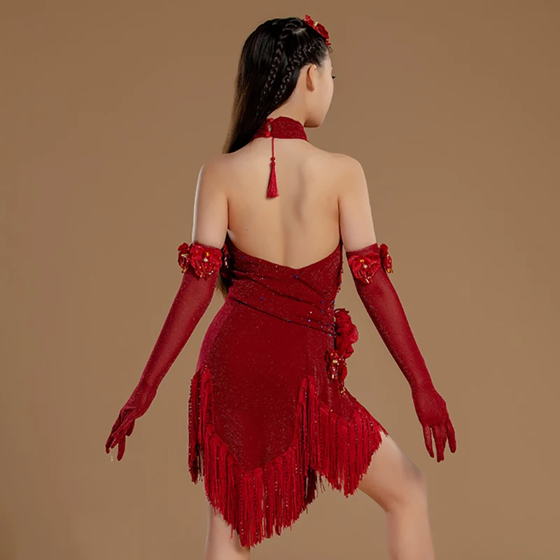 

Женское платье с кисточками и бриллиантами, одежда для латинских танцев, детские костюмы для девочек с 3D цветочным принтом на шее и открытой спиной, блестящие костюмы для выступлений в стиле румба-ча