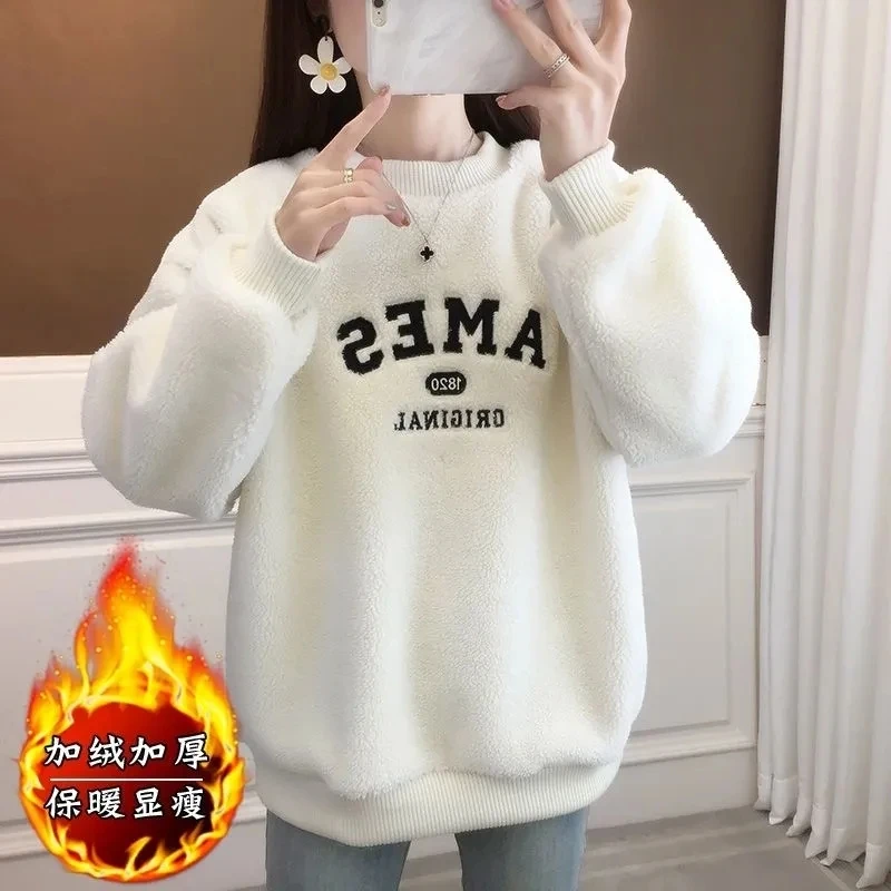 

Lamb Cashmere Sweater For Womens Loose Fitting Plush Student Sweatershirt 2023 New Autumn Winter Embroidered Oversized Pullover