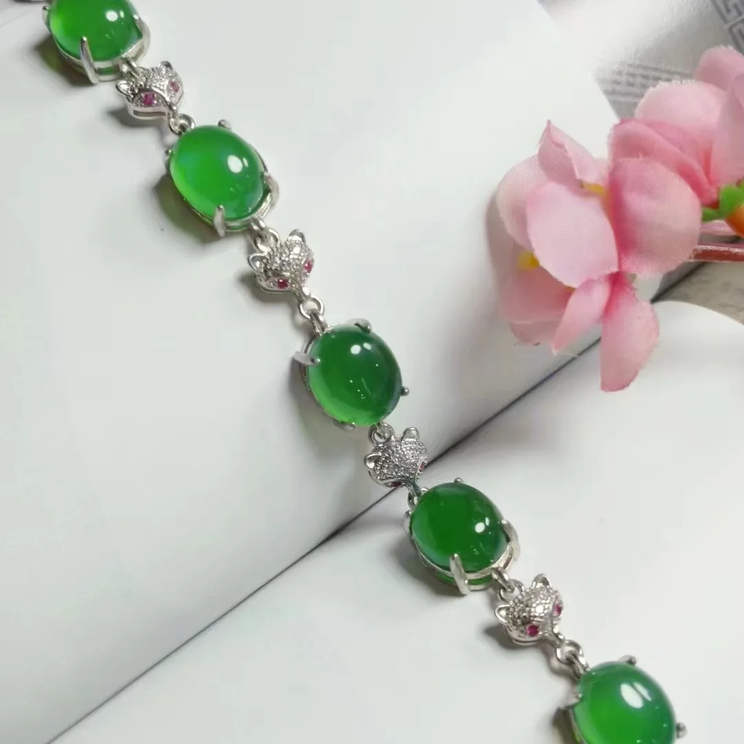 

Браслет из натурального льда 925, посеребренный браслет с головой лисы из халцедона, зеленый агат, изысканная мода