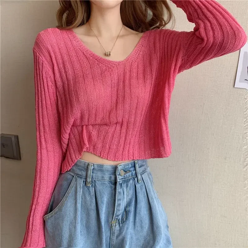 Jerséis rosados de verano para mujer, colores caramelo, estilo dulce, diseño con cuello en V, suave, transpirable, sólido, acogedor, a prueba de sol, moda, nuevo estilo coreano