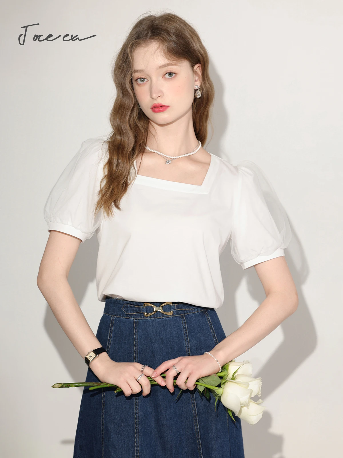 JOREEU Sweet Mesh Spliced Square Collar White T-shirts 2024 Summer New Solid Elegant Puff Sleeve Tops Pullovers Female T01310