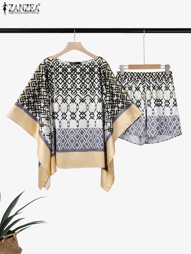 

ZANZEA Women Sets 3/4 Bat-wing Sleeve Printed Tops Loose Shorts Summer Beach Suits 2025 Elastic Waist Casual Short Matching Sets