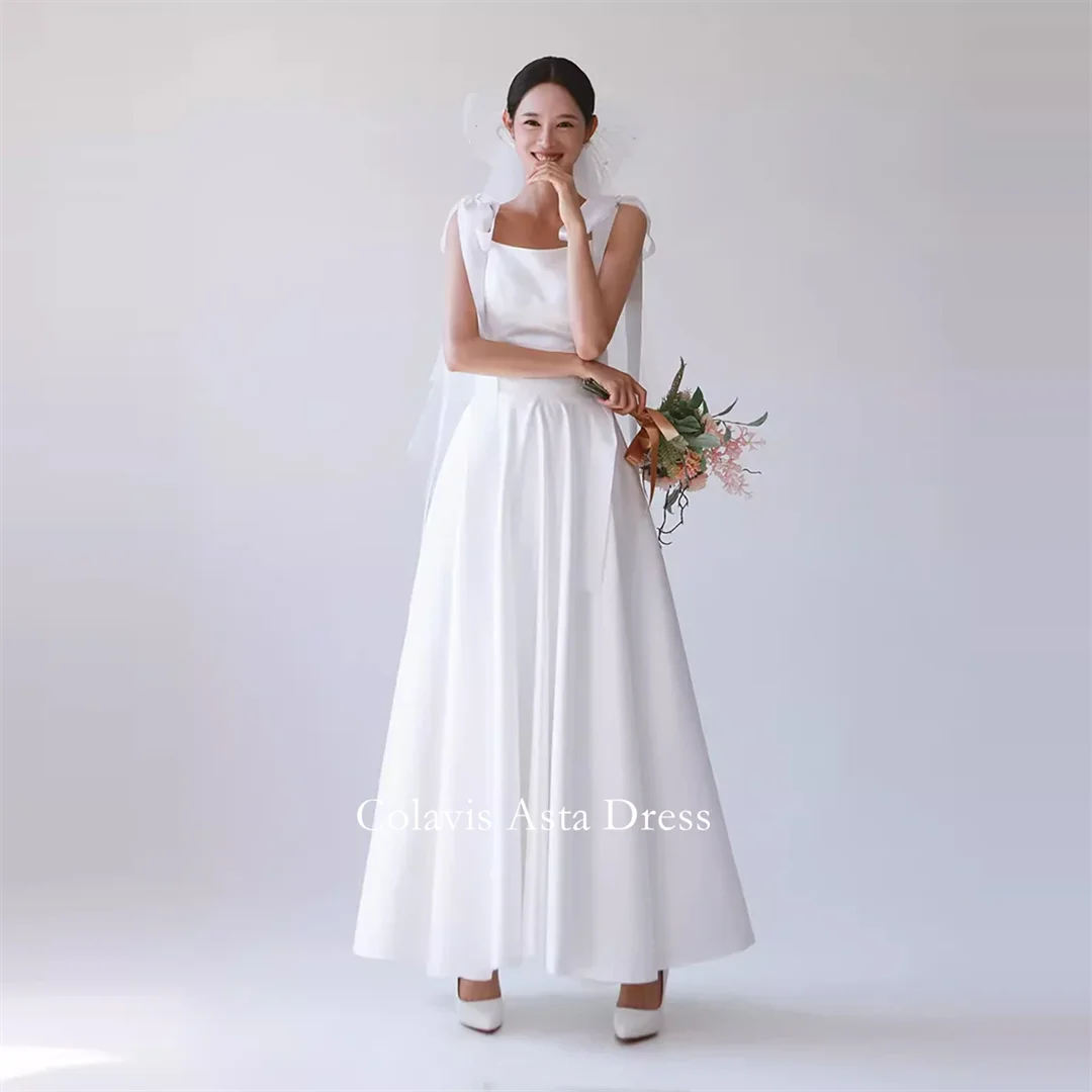 

Colavis Asta Korea Regular Straps White Satin A-Line Simple Wedding Dresses 웨딩드레스 Custom Made Photoshoot Bride Gowns Plus Size