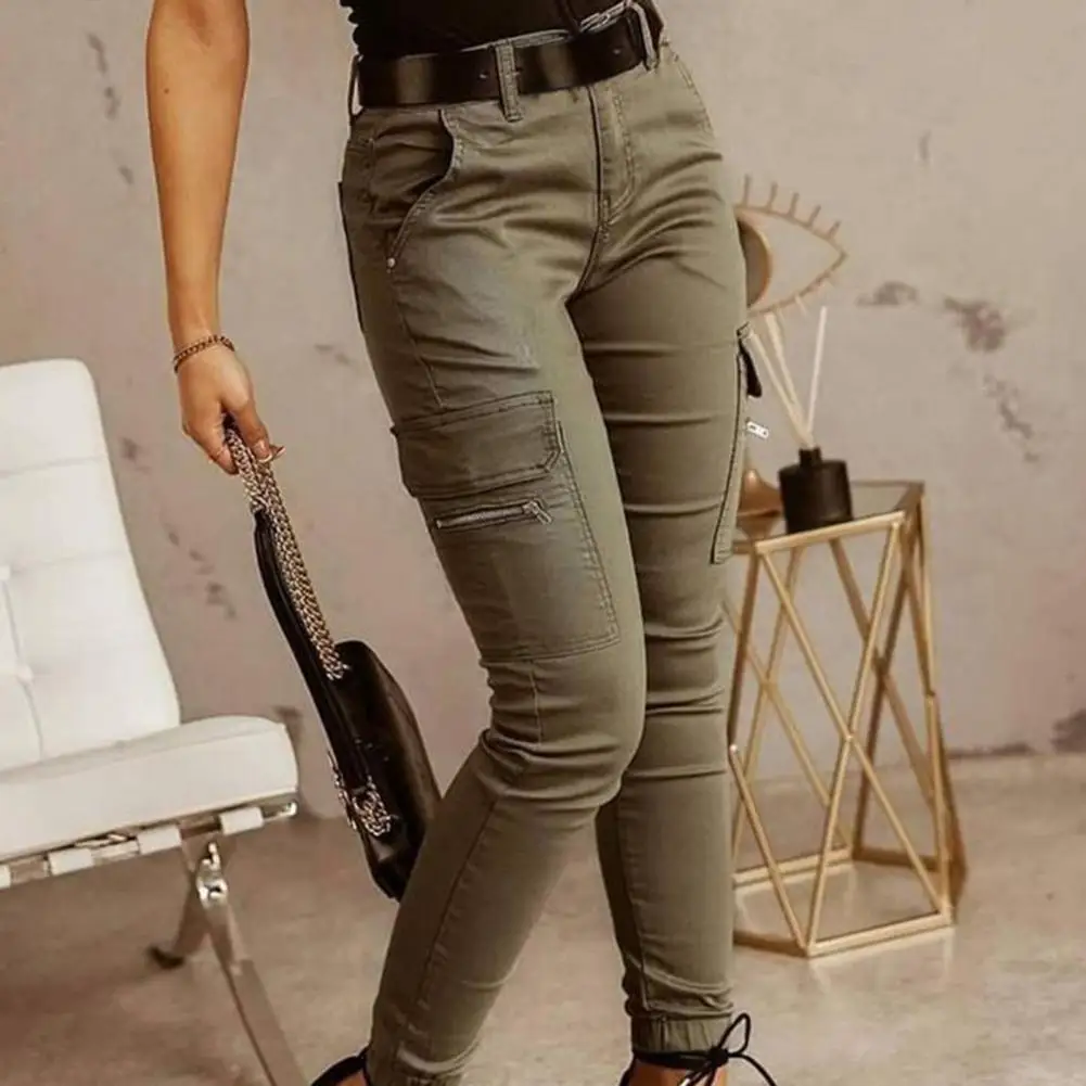 Casual Cargo Pants Lady Office Lady Sweatpant Zipper Solid Color Ankle Tied Pants  Slim