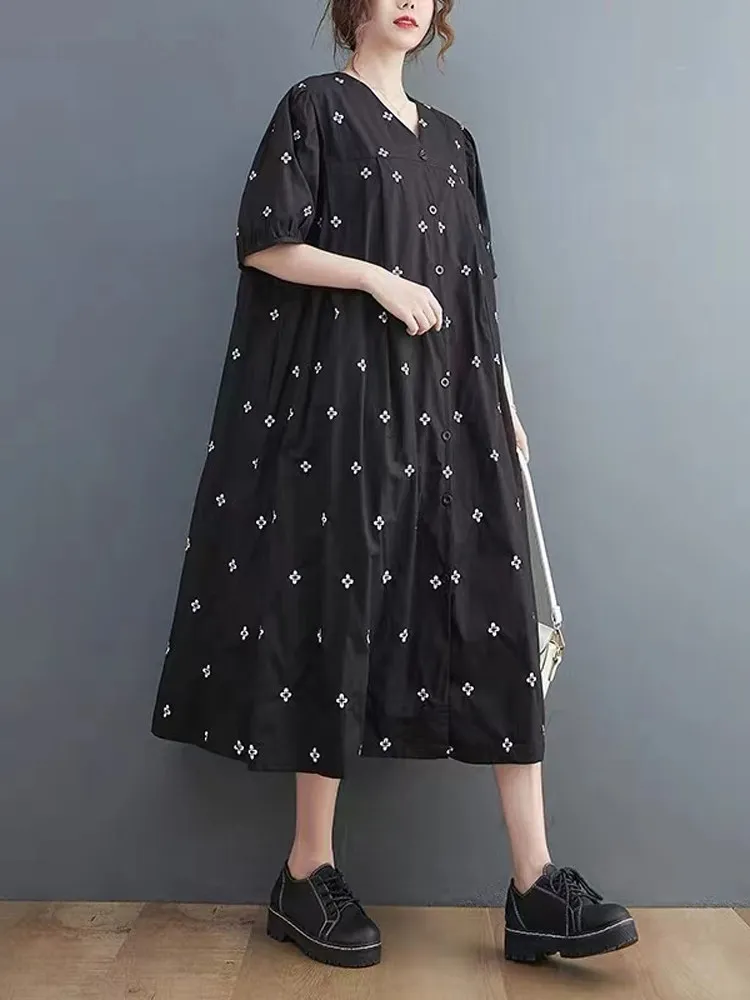 루즈핏 자수 코튼 버블 슬리브 브이넥 맥시 드레스 여성 플러스 사이즈 여름 슬리브리스 한국 버전 A라인...