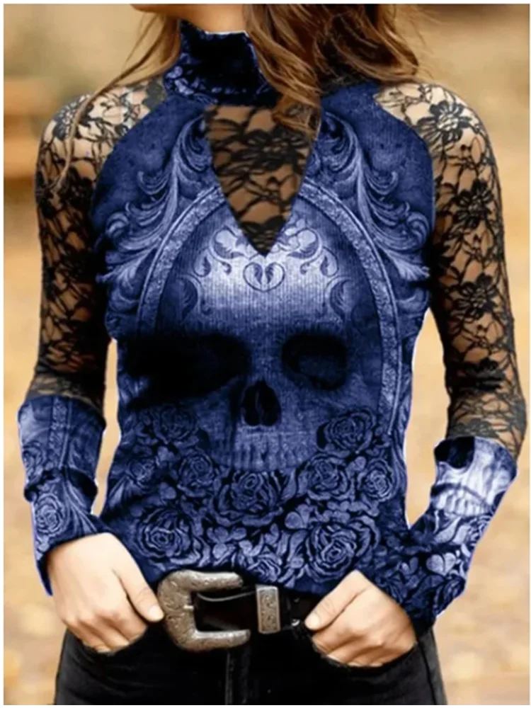 Women's Skull Printed Top V-Neck Cyberpunk Style Long Sleeve Slim T-Shirt Trendy Autumn Clothes