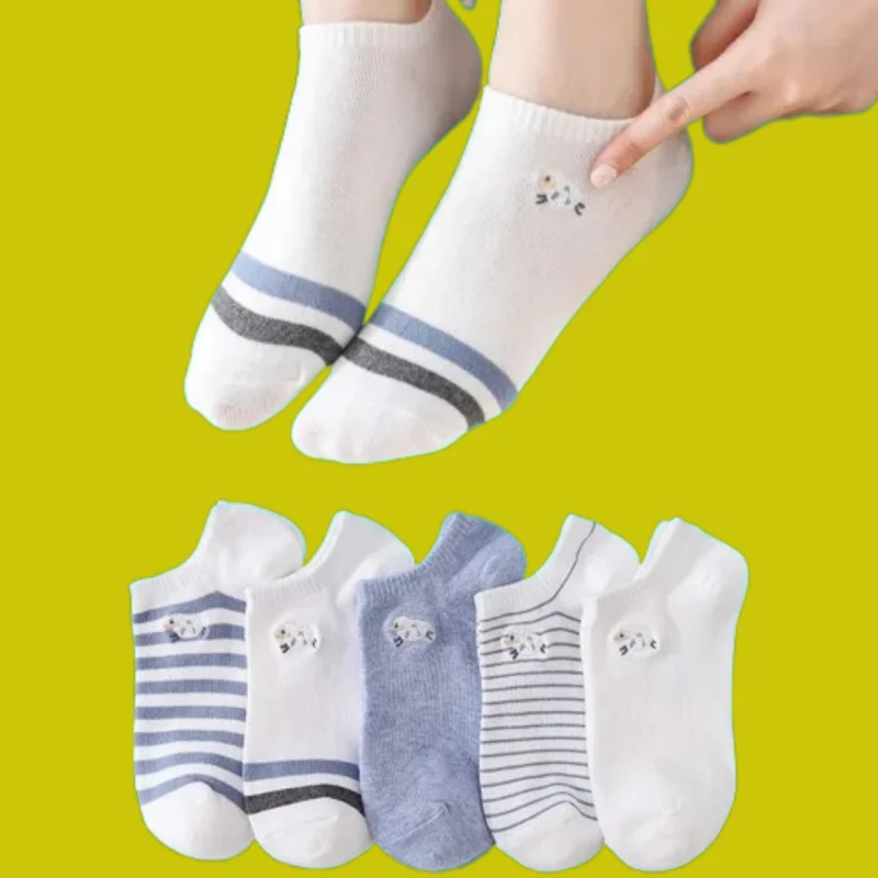 

5/10 Pairs Cute Socks Short Socks Embroidered Summer Thin Trend Boat Socks Cotton Shallow Mouth White Girl High Quality Socks