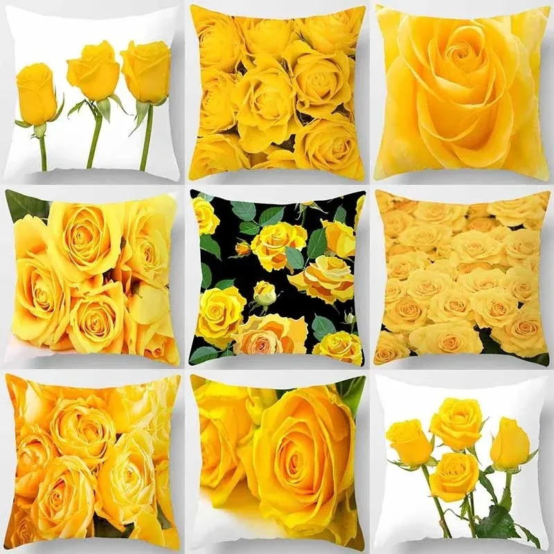 

Luxury Home Pillow Cover Square Yellow Rose Pattern Decorative Office Decor Cushion Cover