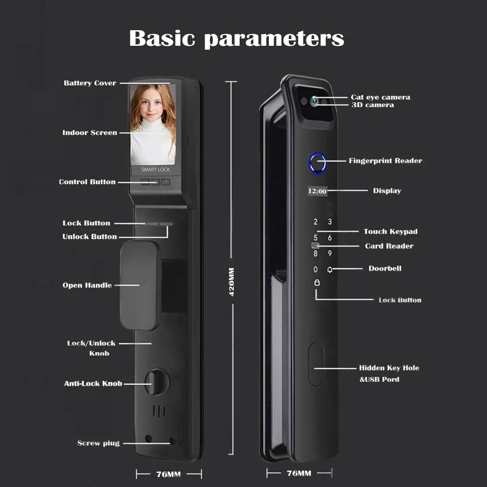 Biometric Fingerprint Face Recognition Waterproof Smart Door Lock with Camera Screen Wifi App Remotely Unlock Key Code Nfc C