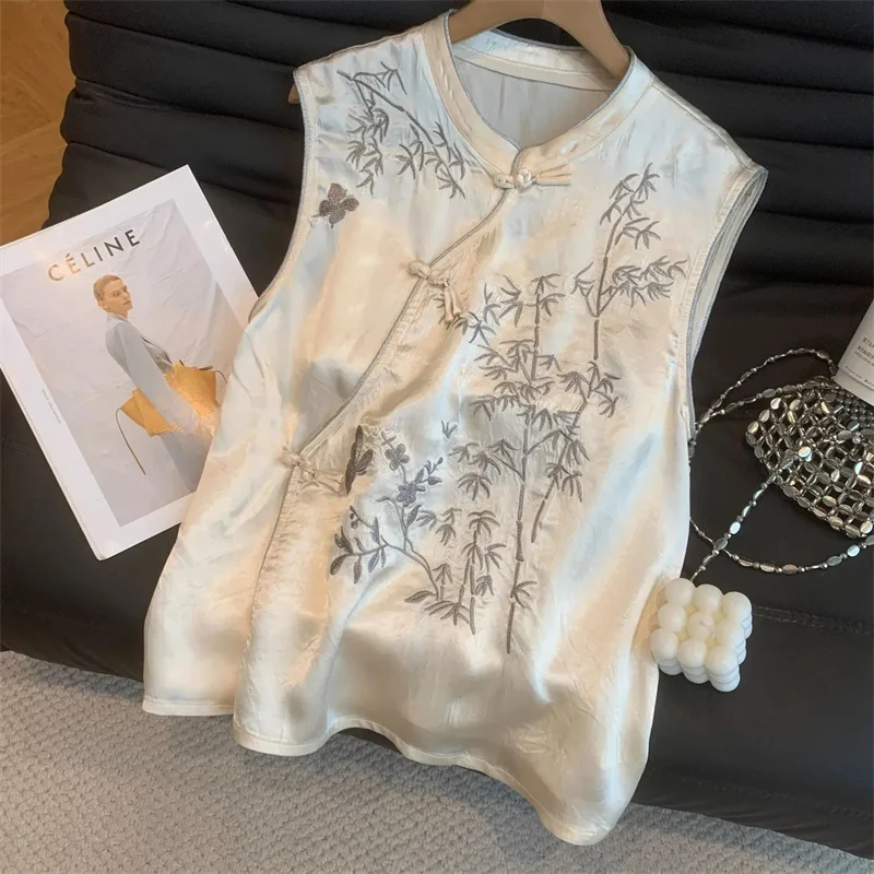 

Women's Vest Women's Jackets Fashion High-end Silk Embroidery new Chinese Vest Coat Female Chinese Style Ruffled Sleeveless top