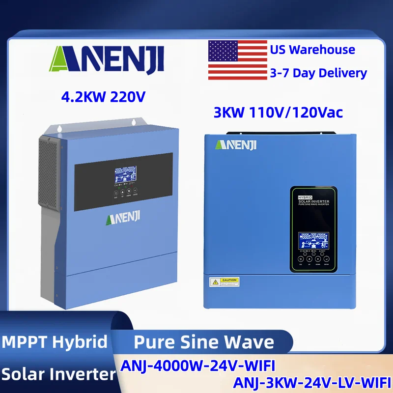 

ANENJI 4KW 220v 3KW 110v Hybrid Solar Inverter 4.2KW 24v Off Grid Inverter Built MPPT 100A Solar Charge Controller Fit Work Without Battery