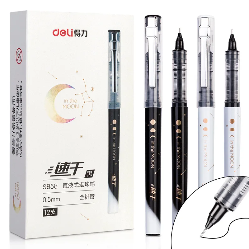 

DeLI S858 12Pcs Direct-fluid-roller Pen 0.5mm Large Black Capacity Gel Signing Pen Stationary Pen straight liquid neutral pen