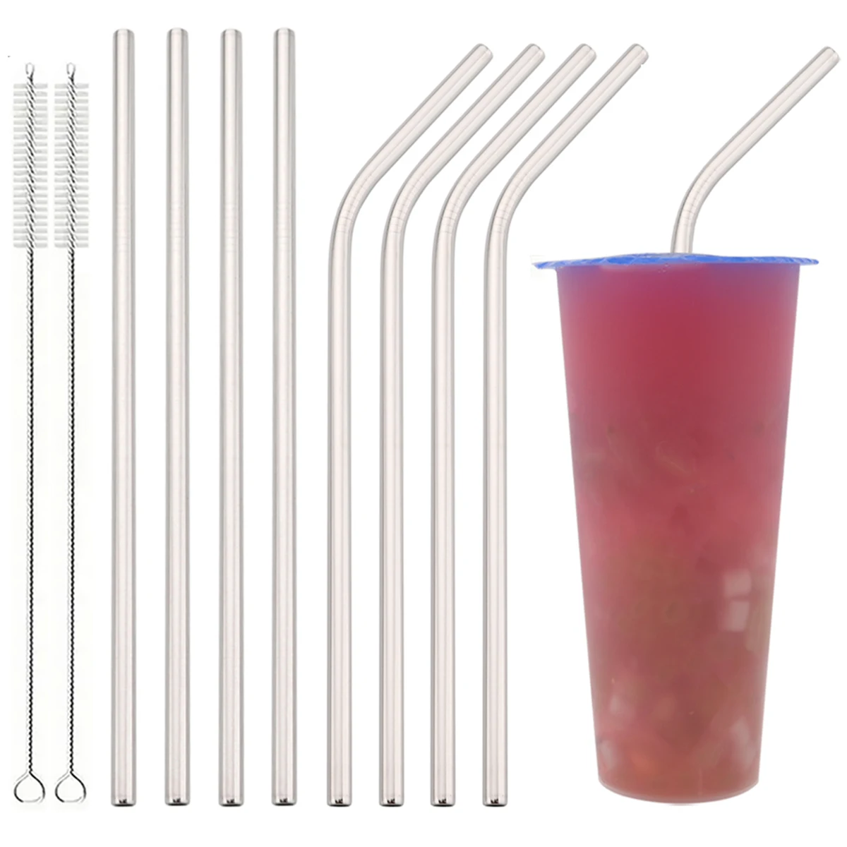4/8-teiliges silbernes Edelstahl-Strohhalm-Set, wiederverwendbare Strohhalme zum Trinken von Fruchtsaft, Milch, Tee, Kaffee, Metallstrohhalm mit Reinigungsbürste