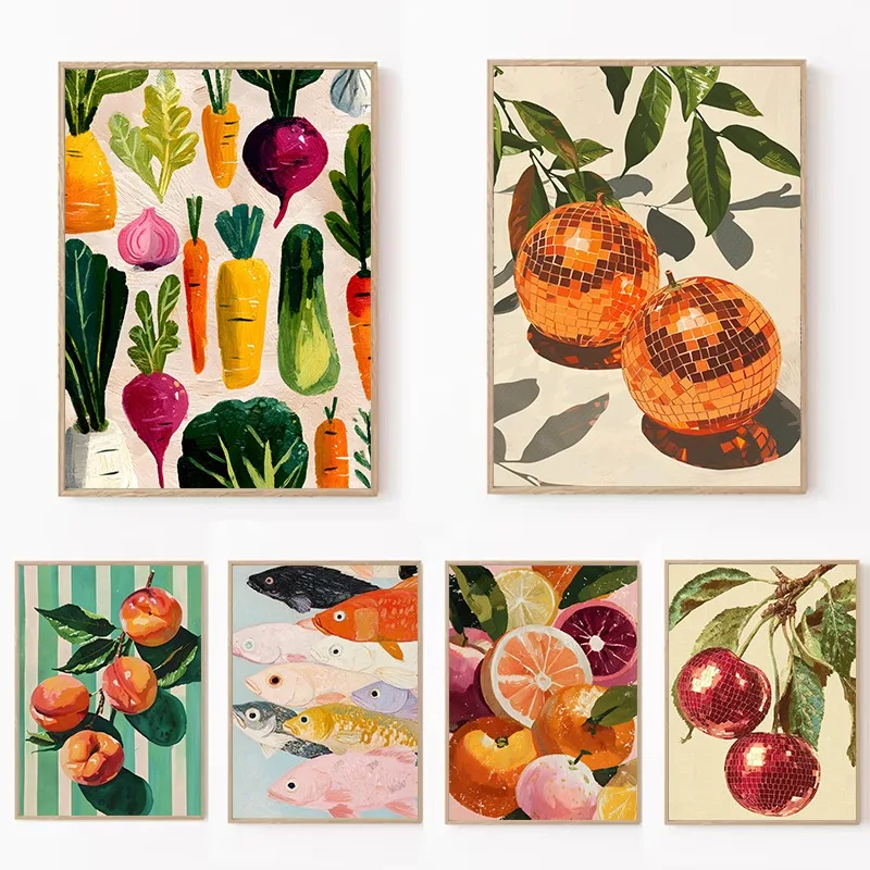 Retro Colorful Food Vegetable Fruit Pop Art Disco Citrus Poster Illustration Canvas Painting Wall Art Pictures Home Decor Gift