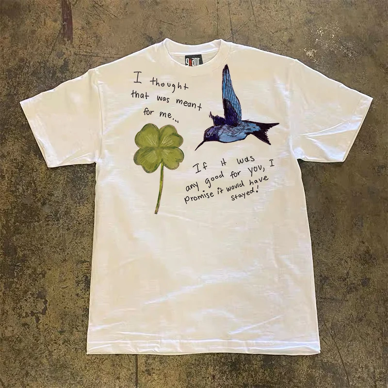 

Xiao Chen Story Multi 260g Heavyweight Pure Cotton Retro Bird Letter Short Sleeve T-Shirt New 2025 Vintage Feel Casual Top