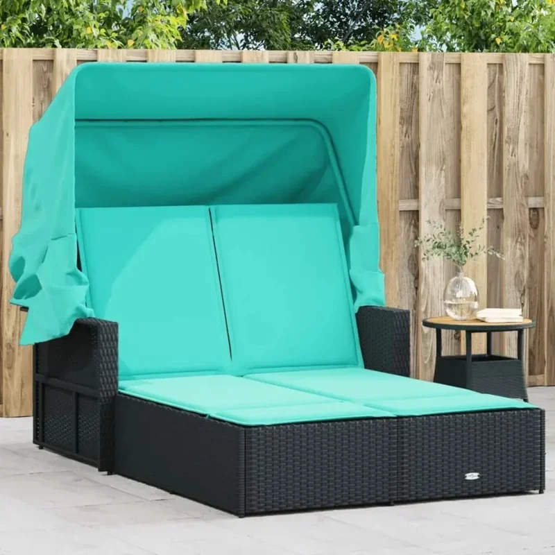 

Double Sun Lounger with Canopy and Cushions - Black Poly Rattan Outdoor Furniture