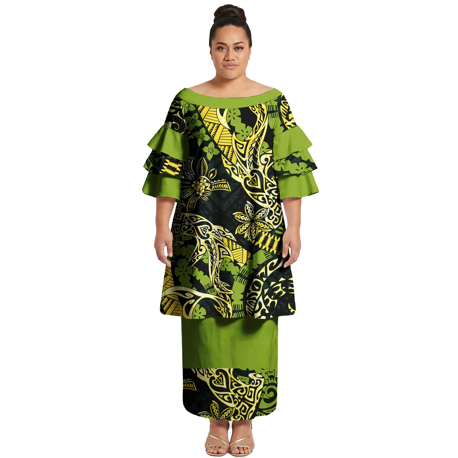 

Custom Women Clothes Polynesian Cascading Ruffle Sleeve 2 Piece Set Hawaiian Ladies Top and Skirts Suit Tribal Samoan Puletasi