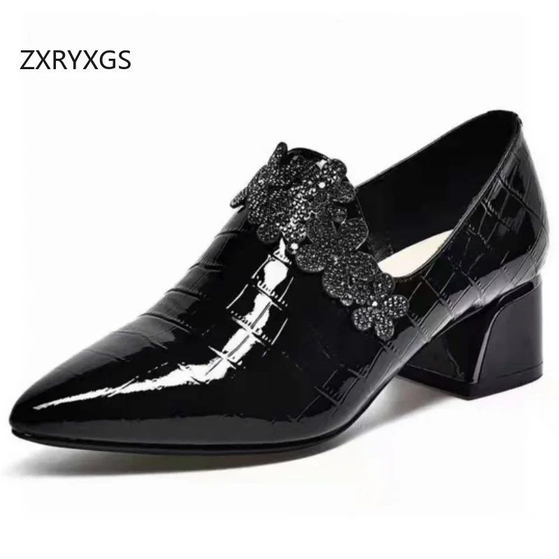 ZXRYXGS Top Cowhide Embossed Patent Leather Rhinestone Women Fashion Shoes 2026 Elegant Pointed Banquet Shoes Heel High 5 / 7 Cm