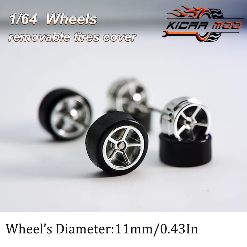 1/64 RLC Premium Wheels with Rubber Slick Tires for Hot Wheels Five Spokes Model Car Refitting Parts D:11mm (1 Set)