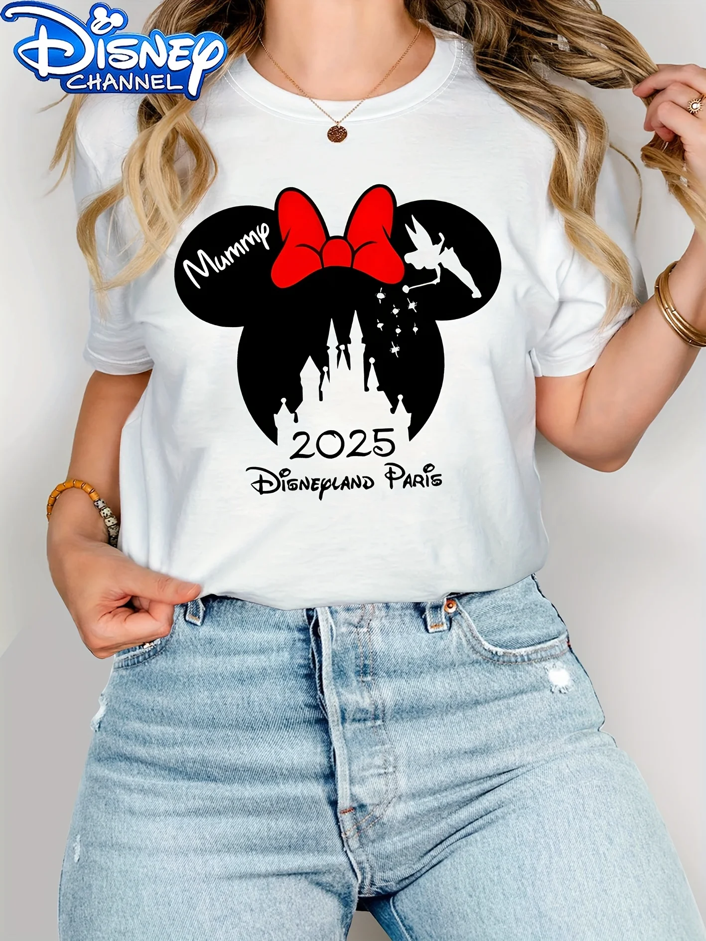 Camiseta de mujer con estampado de cabeza de Mickey Mouse de Disney, camiseta de Paris Disneyland Resort, Top Retro suave de Disney para mujer