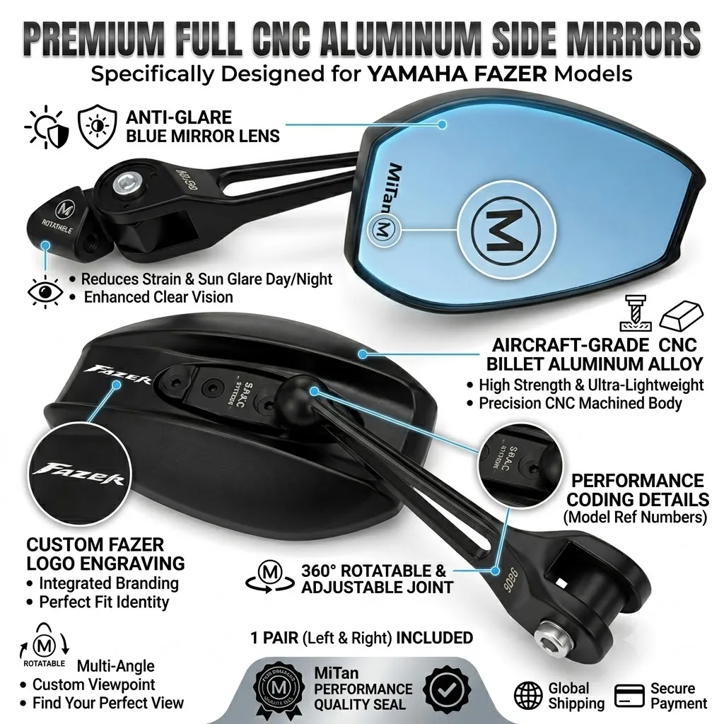 Anti-Glare Motorcycle All Metal Rearview Mirror Blue Glass With LOGO For Yamaha FZ1 FZ6 FZ8 FZ-1 FZ-6 FZ-8 Fazer 150 250 400
