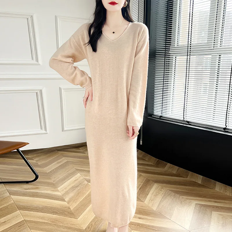 Autumn Winter New 100% Wool Women Sweater Dress V-Neck Pullover Long Dress Korean Fashion Cashmere Knitwear Women Dresses Y2k