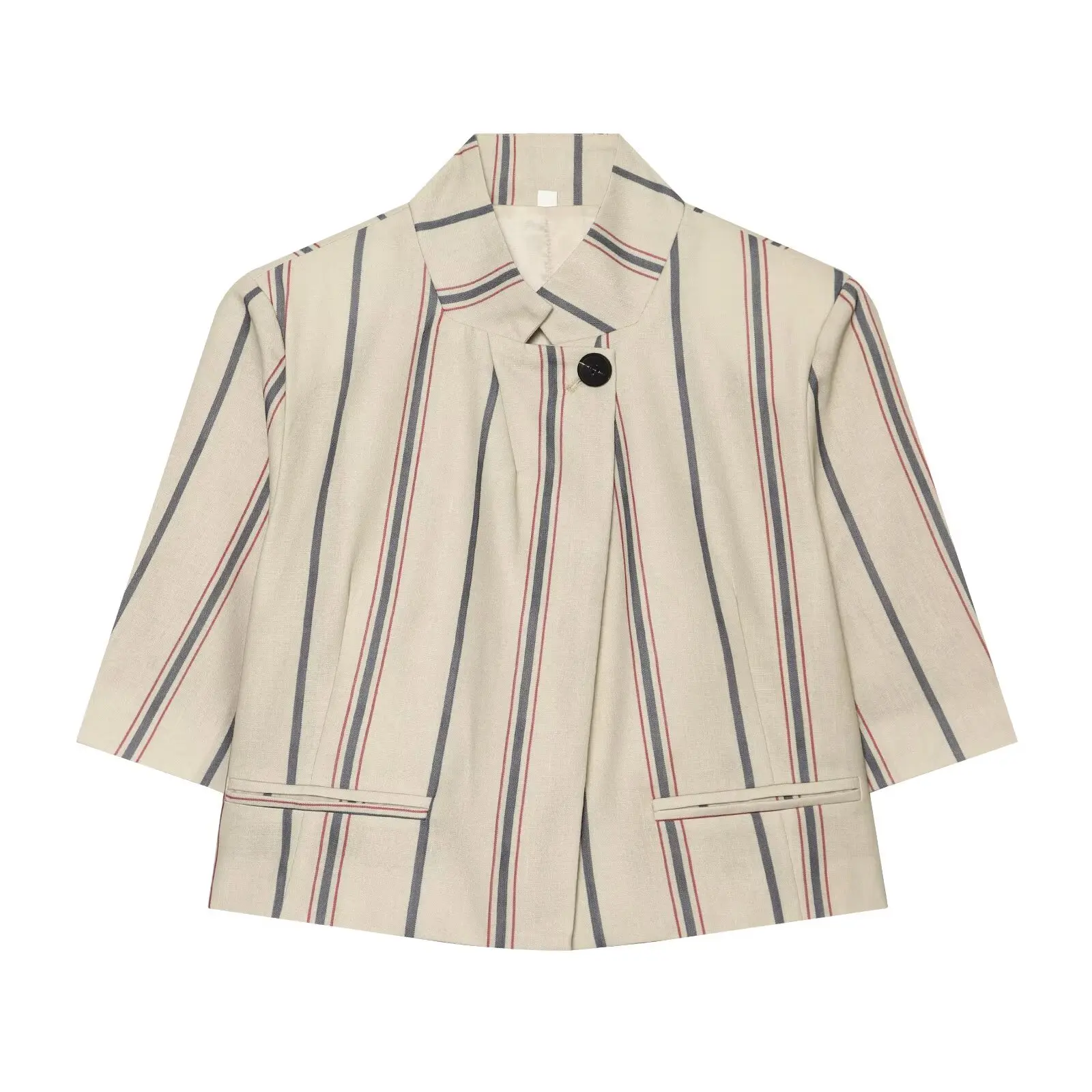 BSAY Women New Vertical Striped Matching Suit Set Notched Lapel Cropped Blazer Sleeve High Waist Wide Leg Casual 2 Piece Outfit