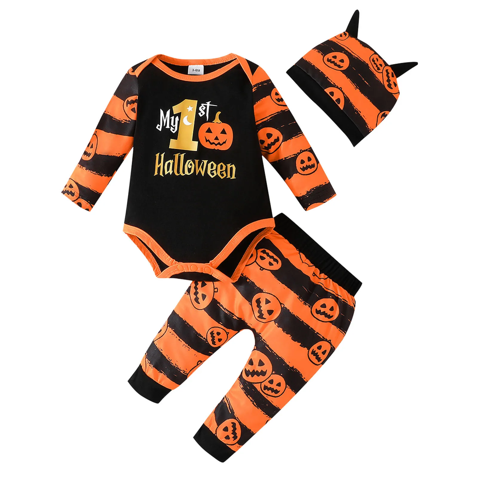 My First Halloween Baby Outfit Sets For Boys Girls Pumpkin Romper+Orange Black Patchwork Romper Pants+Hat Baby Halloween Clothes