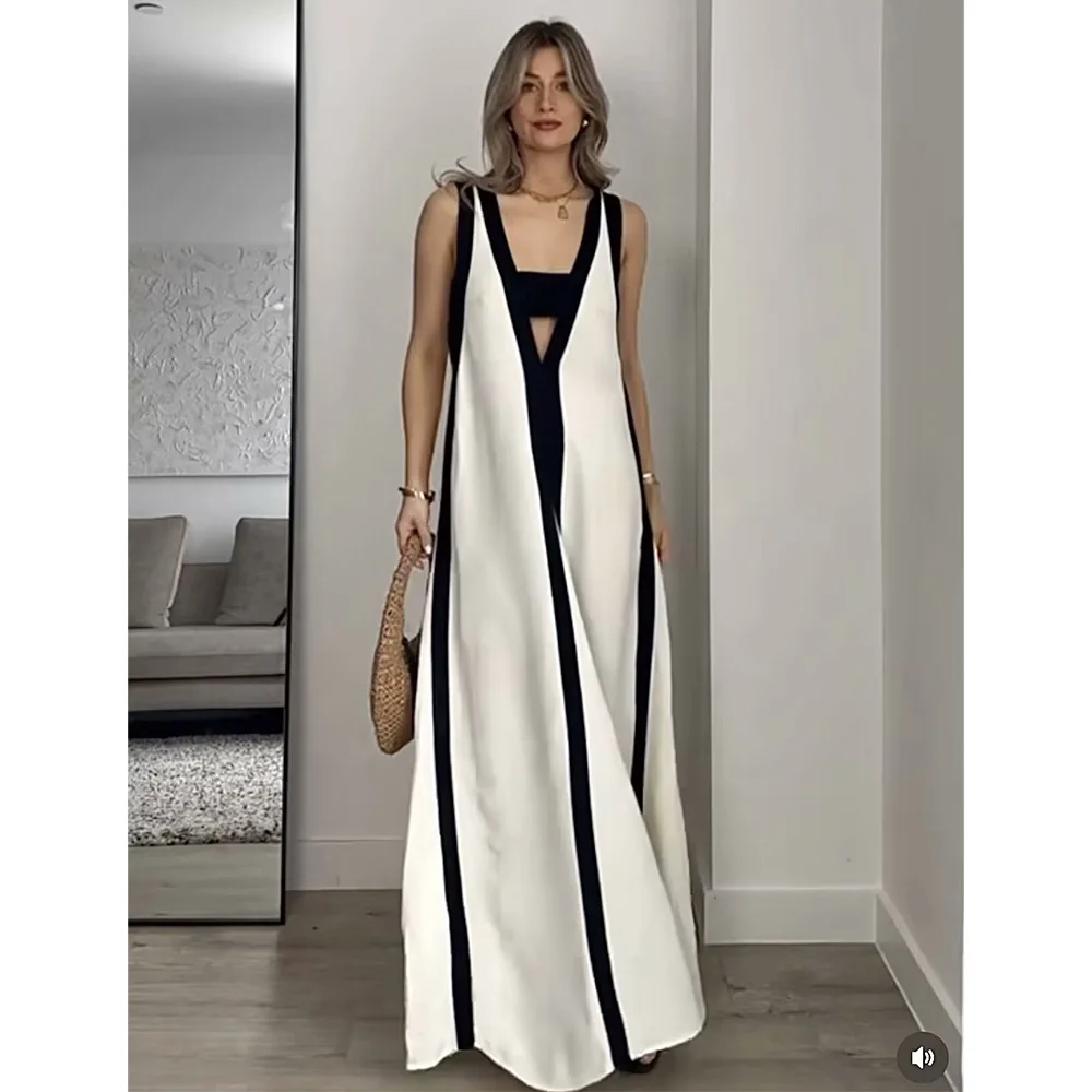 Moda Colorblock Hollow Out Maxi Dress Women Casual V-neck Sleeveless Loose Dresses 2024 Summer Elegant Office Ladies Robes