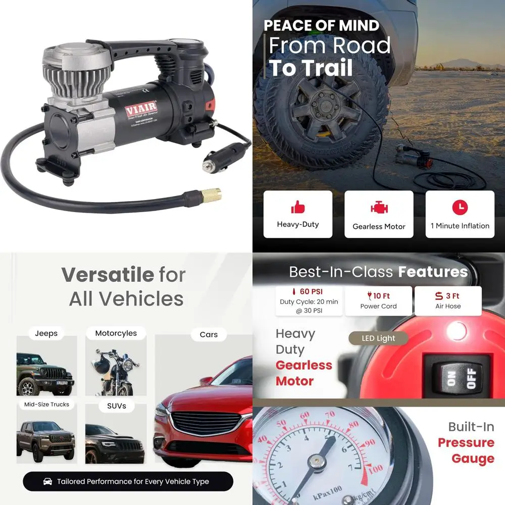 자동차, 트럭 및 SUV용 휴대용 12V 고성능 에어 컴프레서, 60 PSI, 시가잭 및 트위스트 척 포함