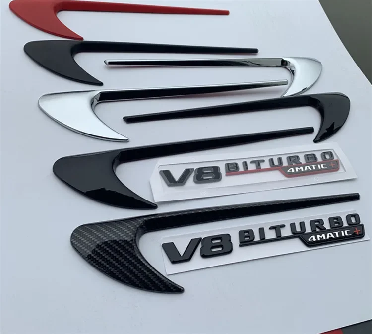 2pcs Vent Fender Trim Emblem Blade Logo V8 BITURBO 4 MATIC+ for Mercedes Benz AMG V8 C200 C300 E300 E400 W213 Car Side Stickers