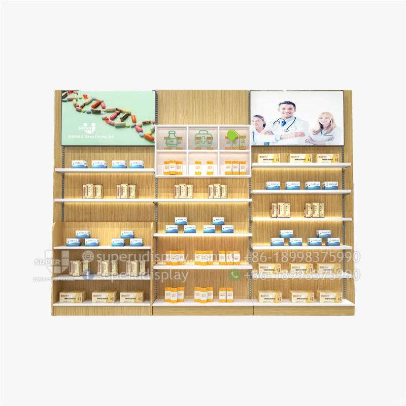 (Op Maat) Apotheek Schappen Display Armaturen Modern Design Medische Winkel Showroom Mdf Vloer Display Apotheek Planken Met Led L