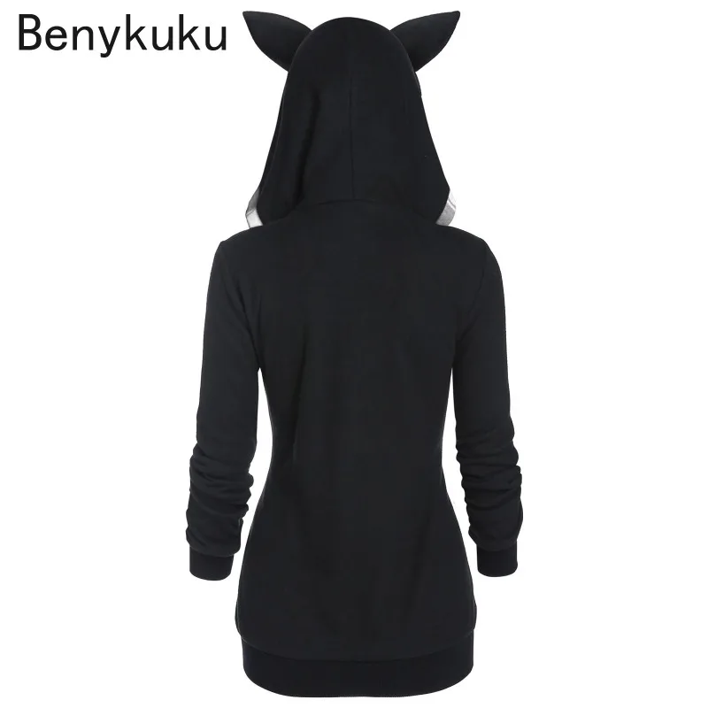 Women Long Sleeve Hoodies Kawaii Cat Ears Hooded Gothic Punk Harajuku Gothic Black Plaid Sweatshirts 2024 Aumnt Winter Coat