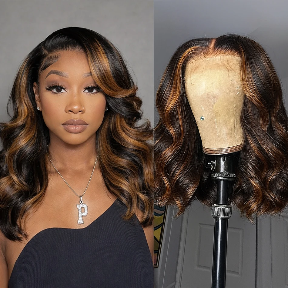 

1B30 Highlight Short Bob 200% Density Lace Front Human Hair Wig 13x4 Brazilian Omber Wig For Women Pre Plucked Soft Natural Look