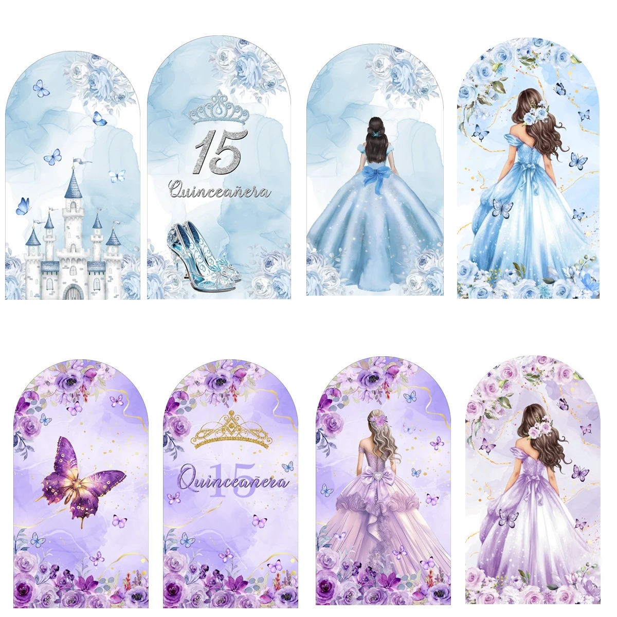 

Quinceanera Arch Backdrop Blue Purple Princess Dress Castle Crown Decor For 15th Birthday Party Photography Background Decor