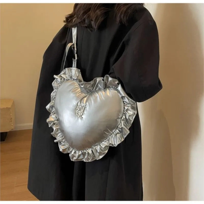 JIAERDI Sweet Cool Heart Silver Y2k Bag Women High Street Pu Leather Soft Chic Handbag Purse Ladies Retro Casual Bolso Mujer