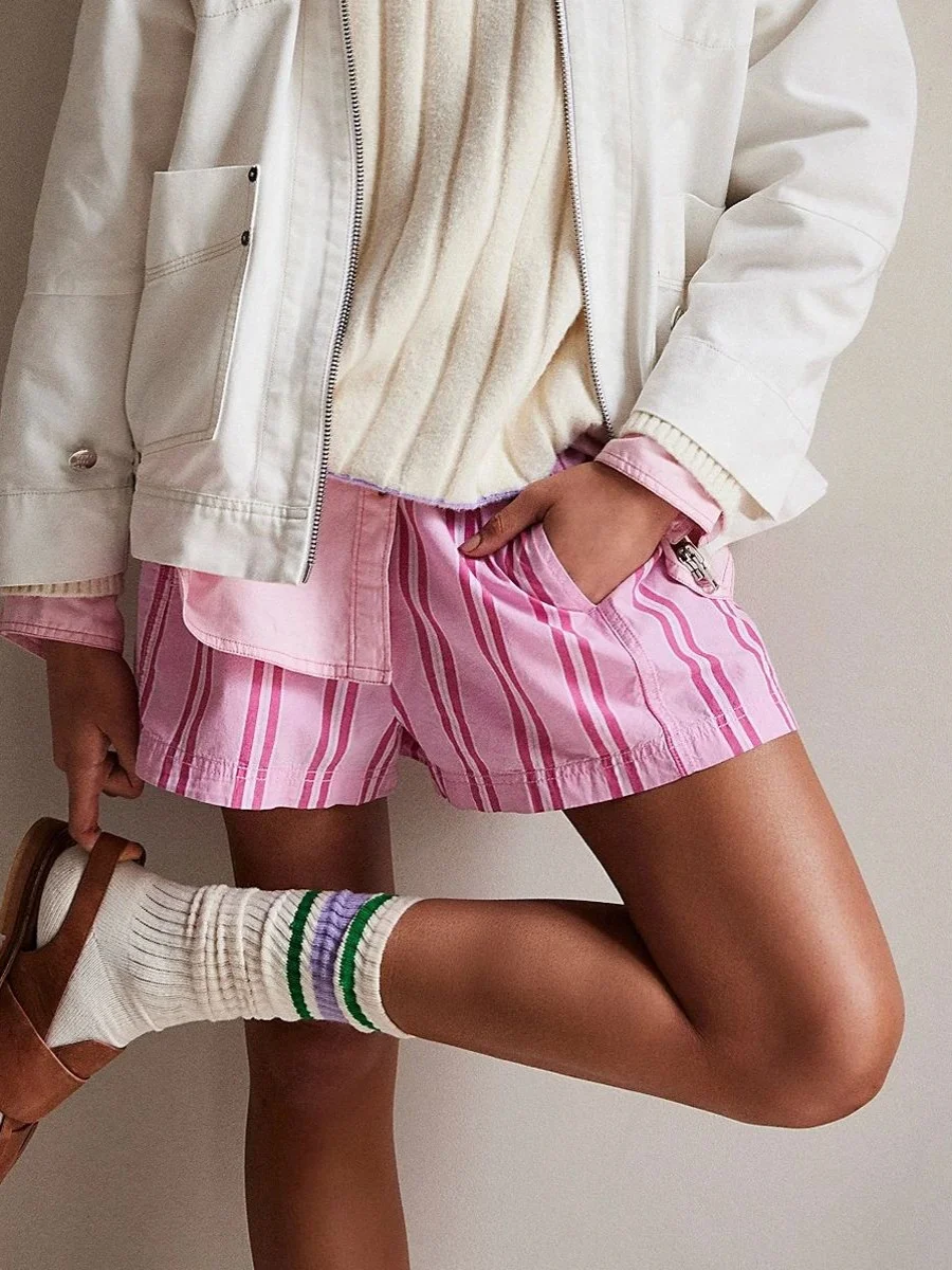 

Американские пляжные шорты в полоску, повседневные спортивные брюки для отдыха на пляже, женские свободные брюки прямого кроя, уличный стиль