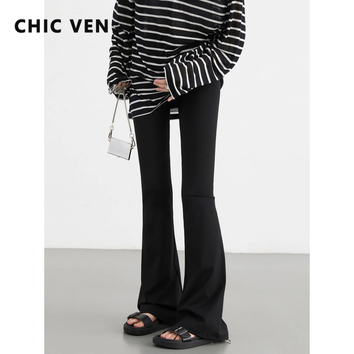 

CHIC VEN Women Pants Fashion High Waisted Slim Black Yoga Trousers Casual Elastic Soft Flared Pant for Girls Autumn New 2024