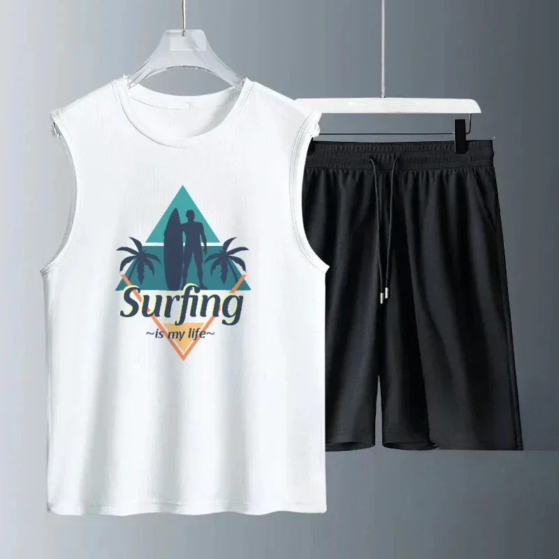 أطقم رجالية غير رسمية لعام 2025 بدلات أزرق ثلاثية الأبعاد مطبوعة بحروف صيفية بدون أكمام يوميًا قابلة للتنفس ومريحة وعصرية #1