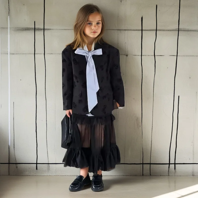 Suit for Girls Autumn Casual Printed Blazer Jacket Mesh Skirt 2pcs School Uniform Kids Clothes Set 2-13 Years Children Costumes