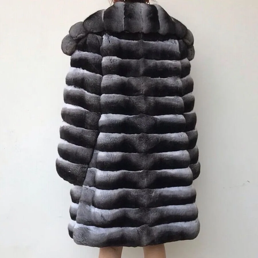 Frauen Echtes Rex Kaninchen Pelzmantel Luxus Chinchilla Dicken Mid-Länge Mantel Winter Mode Großen Revers Echtpelz Warme outwear ﻿