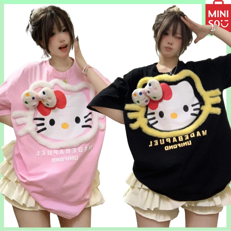 

Miniso Sanrio Hello Kitty Y2K Women's Summer Short Sleeved T-Shirt Printed Kt Cat Casual Loose Top T-Shirt Clothing Gift