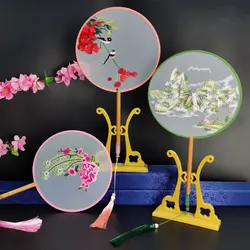 Chinese Style Double-Sided Embroidery Peacock Orchid Retro Circular Fan Long Handle Hand Fan DIY Photo Props Wedding Home Decor