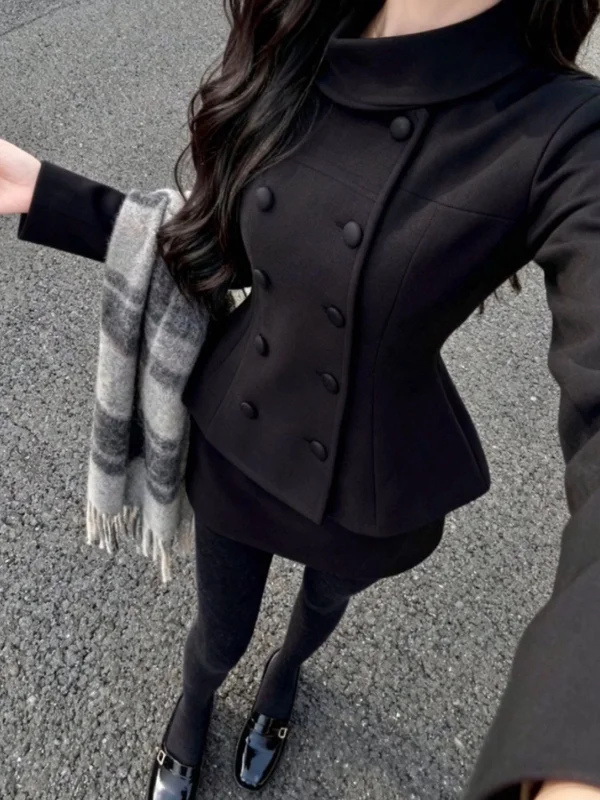 

Black Woolen Suit Set with Waist-Cinching A-Line Skirt And Double-Breasted Jacket Autumn Winter College Style Slimming Ensemble
