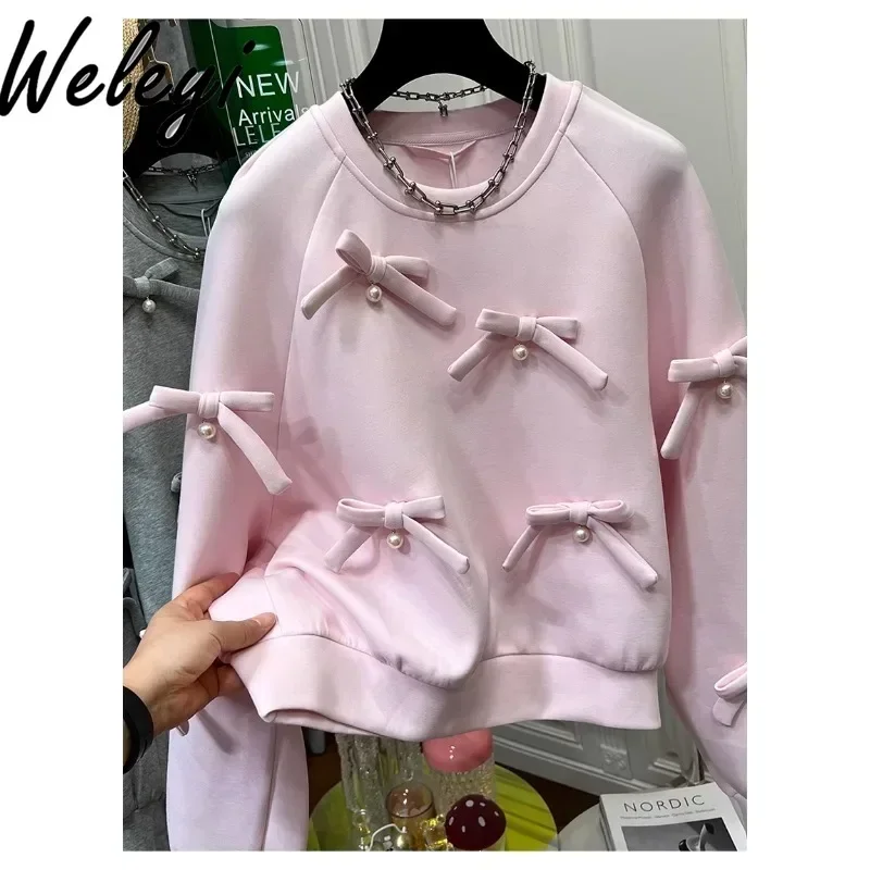 

Luxury Sweet Pink Pearls Bows Sweatshirt 2024 Autumn New Loose Women's Bow Beaded Long Sleeve O Neck Hoodie Top Roupas Femininas