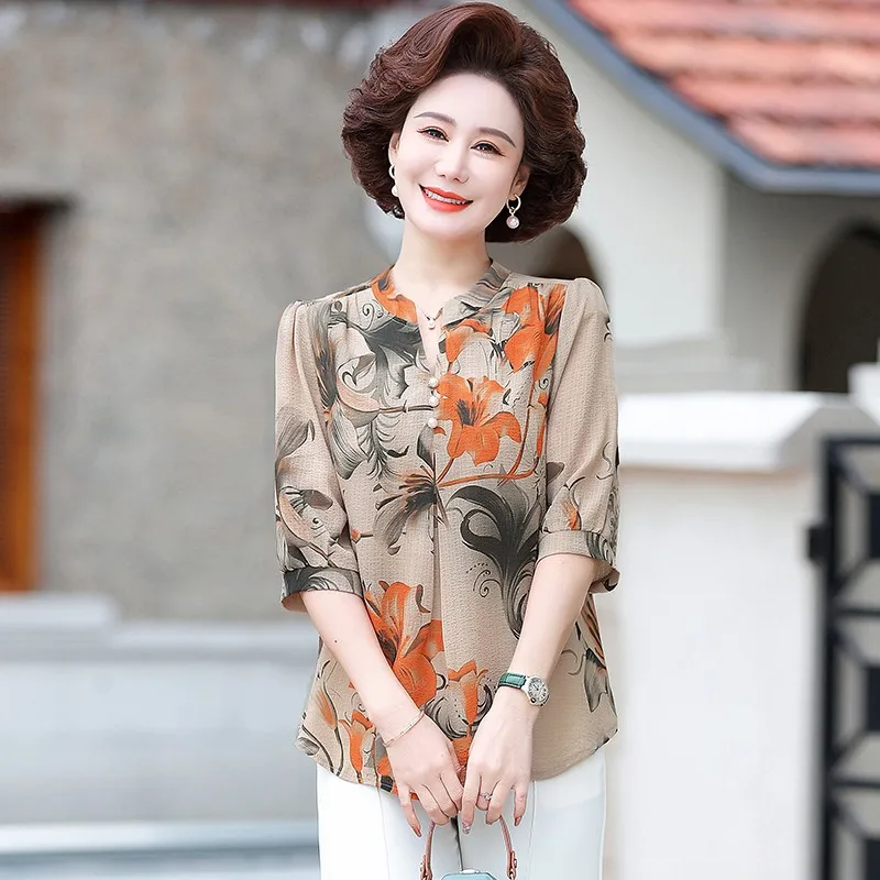 Summer Vintage Broken Flowers Blouse Commute Single-breasted Female Clothing Folk Casual Round Neck Half Sleeve Shirt