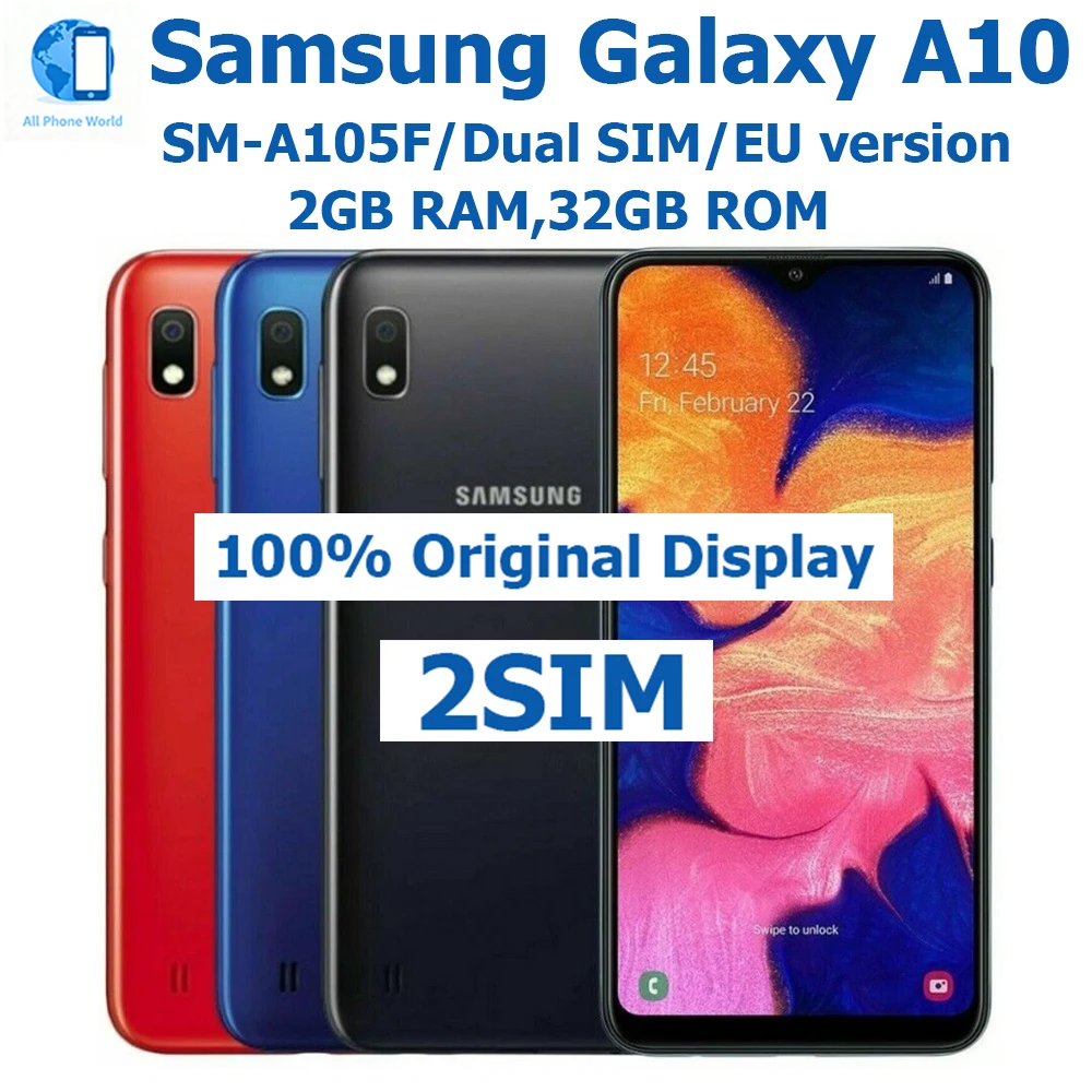 هاتف سامسونج جالاكسي A10 الذكي أندرويد بطاقة مزدوجة 6.2 بوصة 2 جيجابايت + 32 جيجابايت النسخة الأوروبية سامسونج 4G سامسونج 3400 مللي أمبيرفتح أصلي #1