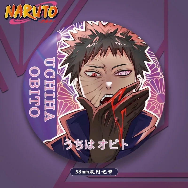 ناروتو الليزر بروش 58 مللي متر هاتاكي كاكاشي اوتشيها أوبيتو أنيمي عمل الشكل الملابس الشكلية على ظهره دبوس الديكور الأطفال هدية